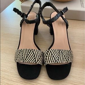 BRAND NEW black and light cream woven heeled sandals! SZ 8.5 still in box.